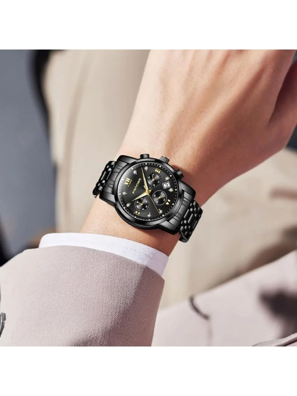 Men's All Black Classic Quartz Watch Stainless Steel Diamond Dial Wrist Watch